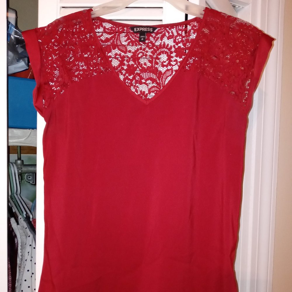 small red Express shirt with lace back